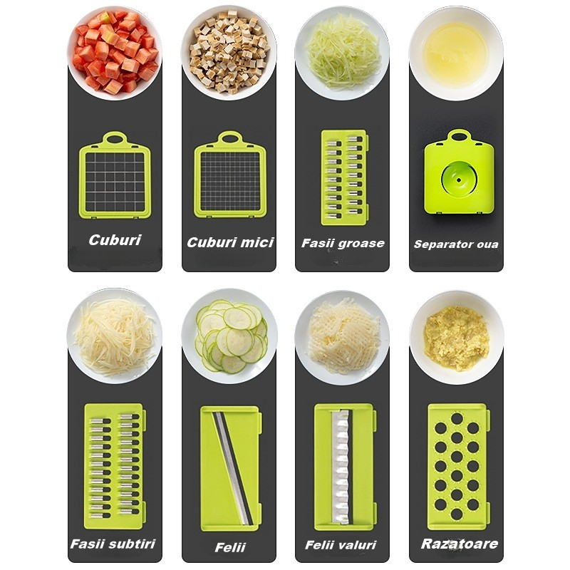 Feliator multifunctional, razatoare, 8 in 1, pentru fructe si legume, 10 piese, lame de inox, recipient stocare, separator oua, protectie mana, abs, 67.5x38.5x49.5 cm, verde/alb [2]
