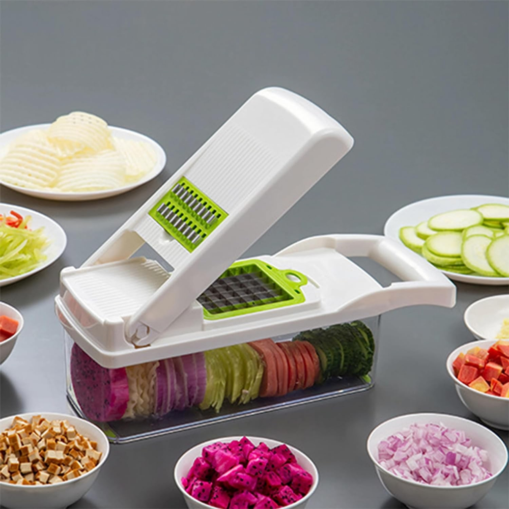 Feliator multifunctional, razatoare, 8 in 1, pentru fructe si legume, 10 piese, lame de inox, recipient stocare, separator oua, protectie mana, abs, 67.5x38.5x49.5 cm, verde/alb [5]