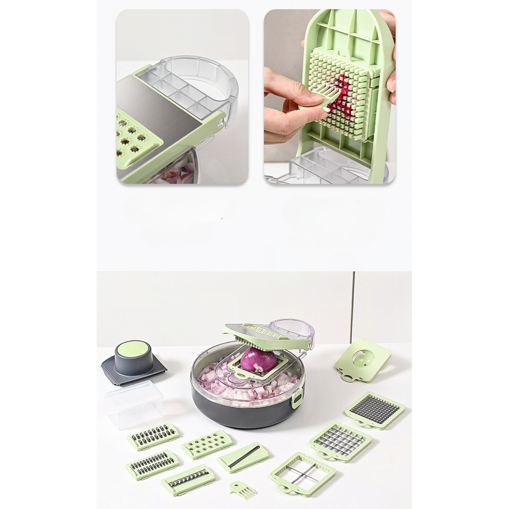 Feliator multifunctional, razatoare, 8 in 1, pentru fructe si legume, 12 piese, lame de inox, recipient stocare, separator oua, protectie mana, abs, gri/verde, 29.5x9x21.8 cm [2]