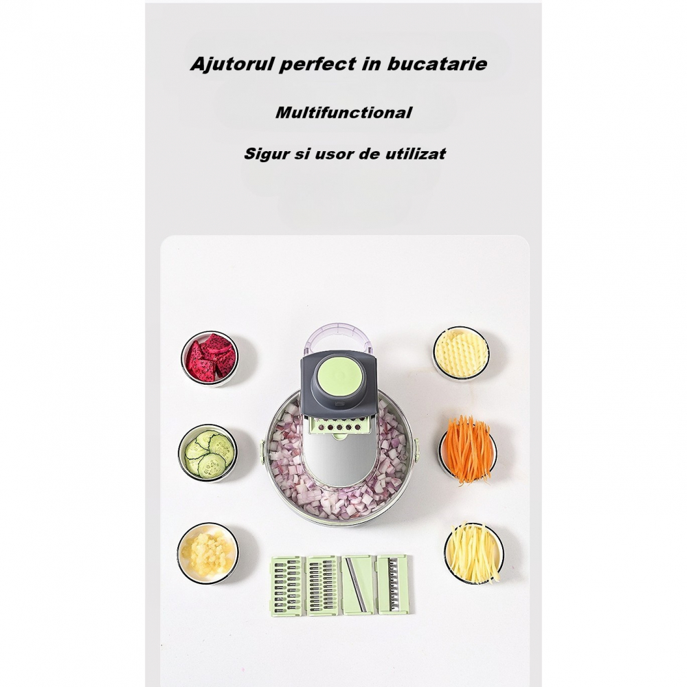 Feliator multifunctional, razatoare, 8 in 1, pentru fructe si legume, 12 piese, lame de inox, recipient stocare, separator oua, protectie mana, abs, gri/verde, 29.5x9x21.8 cm [3]