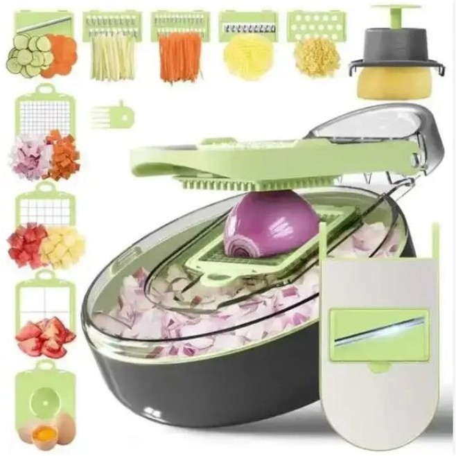 Feliator multifunctional, razatoare, 8 in 1, pentru fructe si legume, 12 piese, lame de inox, recipient stocare, separator oua, protectie mana, abs, gri/verde, 29.5x9x21.8 cm [5]