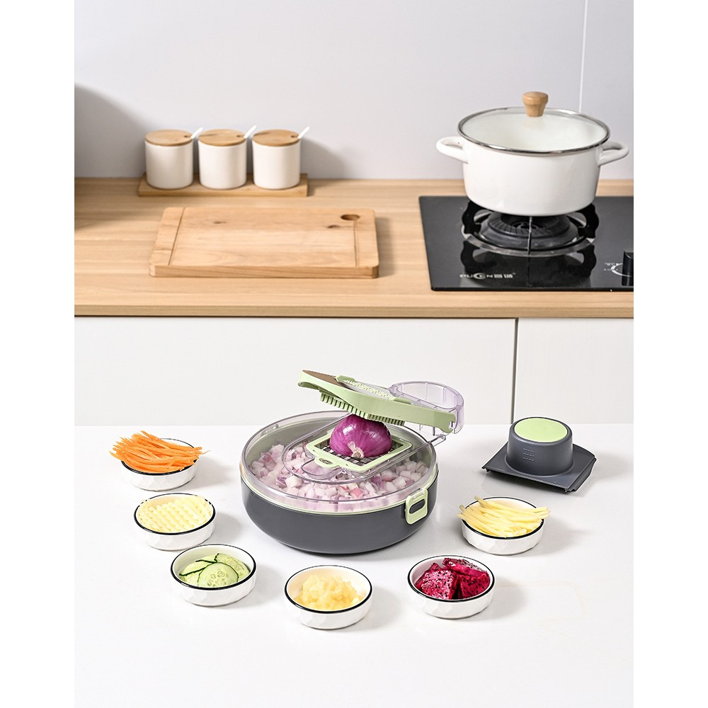 Feliator multifunctional, razatoare, 8 in 1, pentru fructe si legume, 12 piese, lame de inox, recipient stocare, separator oua, protectie mana, abs, gri/verde, 29.5x9x21.8 cm [6]