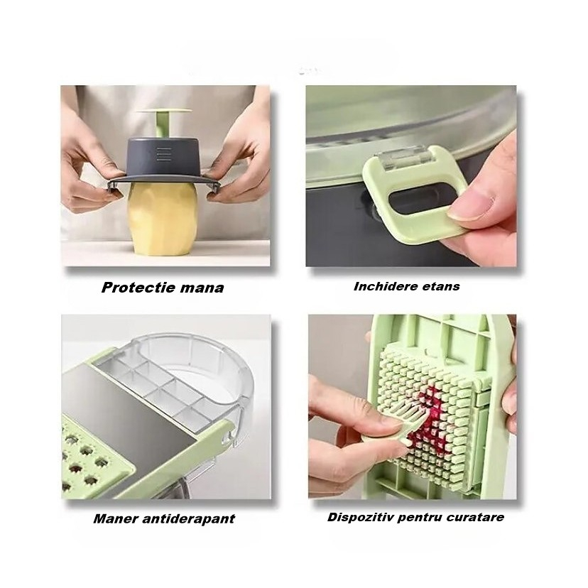 Feliator multifunctional, razatoare, 8 in 1, pentru fructe si legume, 12 piese, lame de inox, recipient stocare, separator oua, protectie mana, abs, gri/verde, 29.5x9x21.8 cm [4]