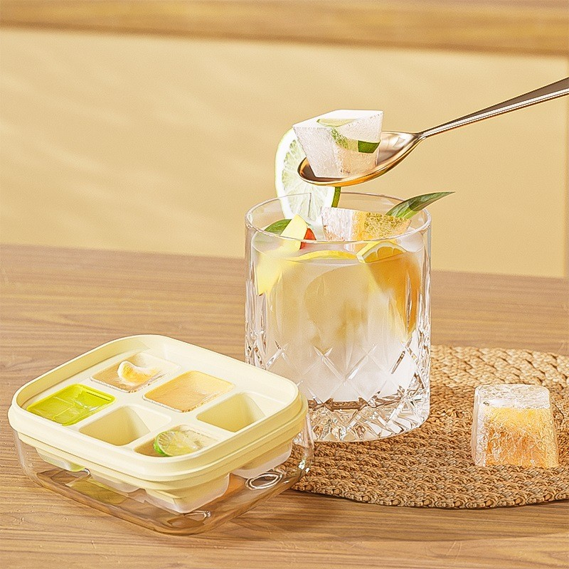 Forma pentru gheata cu presa  din silicon alimentar, 6 cuburi, caserola pentru depozitare, usor de folosit si curatat, 10.5 x 7.5 x 4.1 cm, galben [7]
