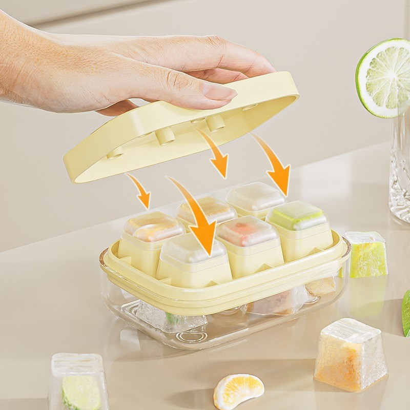 Forma pentru gheata cu presa  din silicon alimentar, 6 cuburi, caserola pentru depozitare, usor de folosit si curatat, 10.5 x 7.5 x 4.1 cm, galben [8]