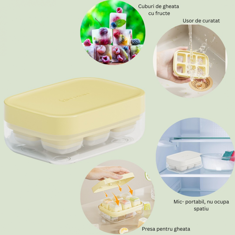 Forma pentru gheata cu presa  din silicon alimentar, 6 cuburi, caserola pentru depozitare, usor de folosit si curatat, 10.5 x 7.5 x 4.1 cm, galben [2]