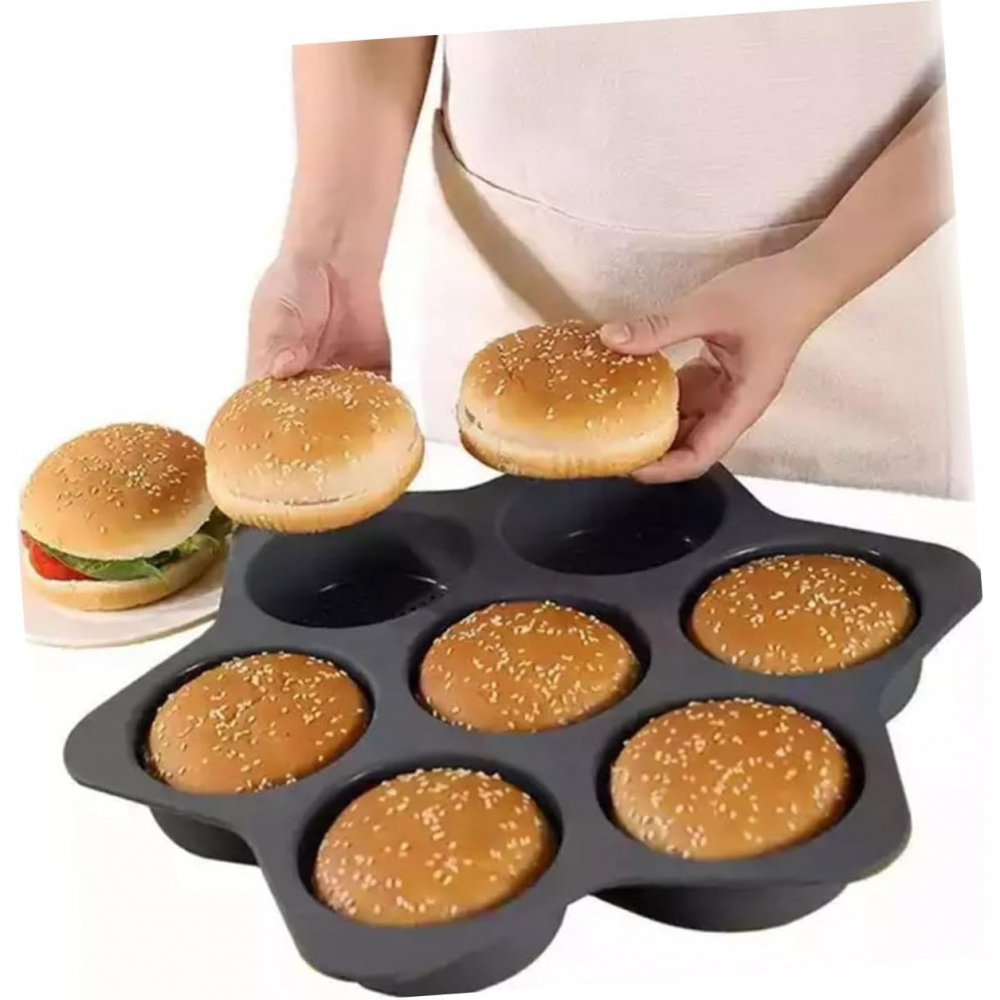 Forme de silicon pentru copt, 7 forme rotiunde, pentru burgeri si prajituri, 38.5 x 4 cm, negru [3]