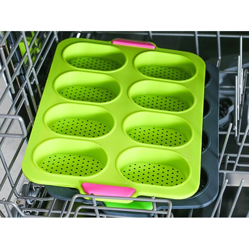 Forme de silicon pentru copt, 8 forme ovale, pentru paine si prajituri, 34.5 x 23.8 x 2.5 cm, verde/roz [7]