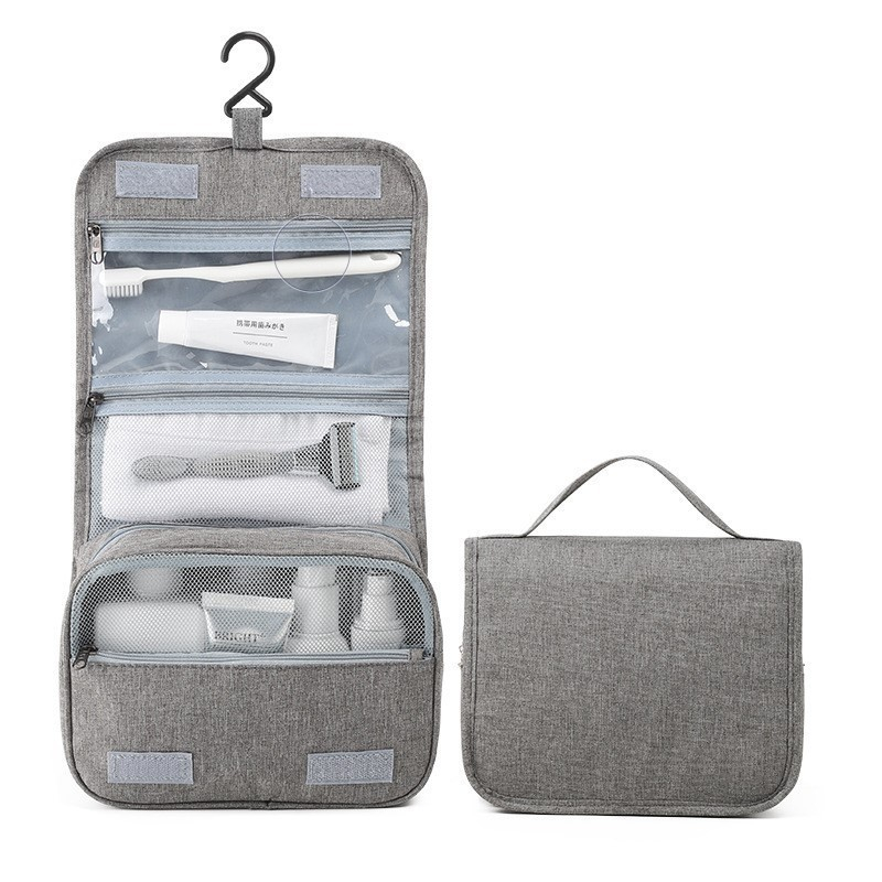 Geanta cosmetice voiaj, material panza, impermeabil, 3 compartimente, cu agatatoare, gri, 47 x 28 x 20   cm [7]