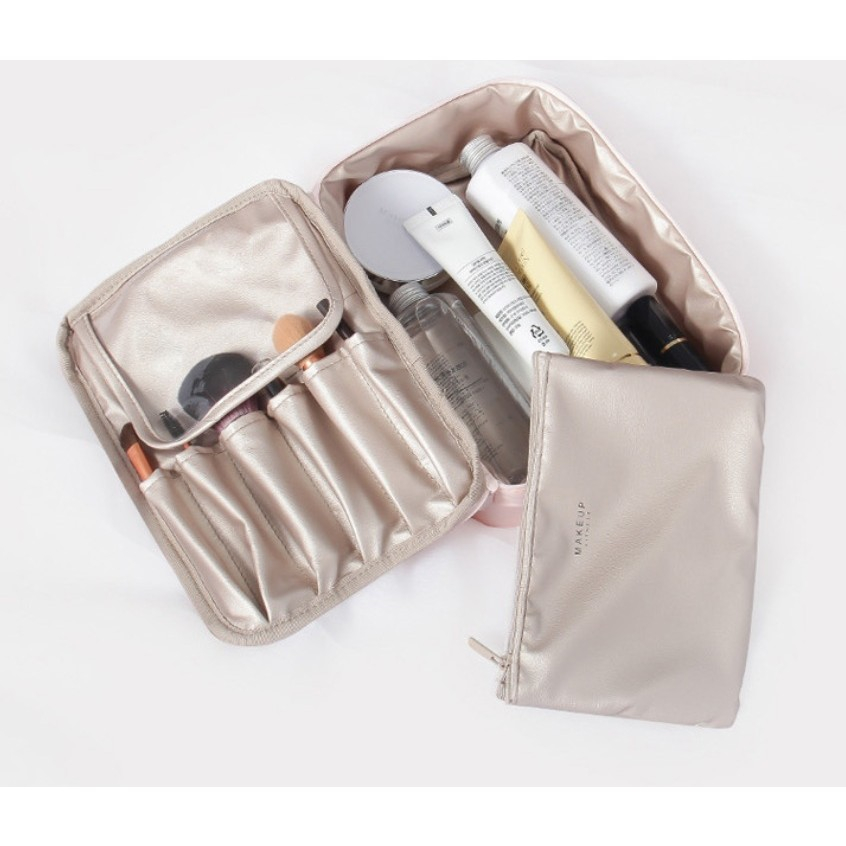Geanta de calatorie, pentru cosmetice si articole de toaleta, material impermeabil, 2 in 1, portfard interior detasabil, 23 x 16 x 8 cm, roz [5]