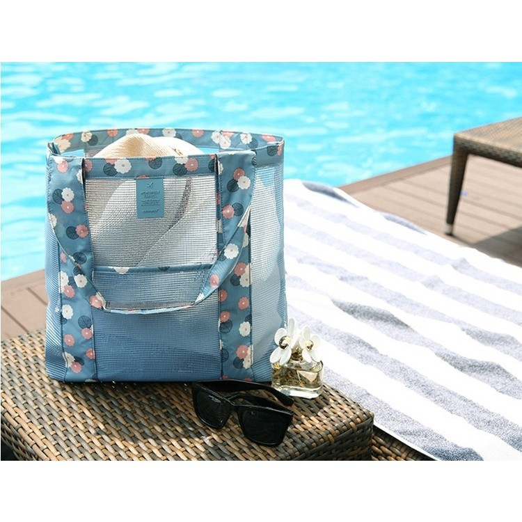 Geanta de plaja, din plasa transparenta, imprimeu floral, 43 x 10 x 33 cm, model pentru umar, lungime inferioara 33 cm, albastru [5]