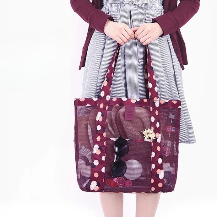 Geanta de plaja, din plasa transparenta, imprimeu floral, 43 x 10 x 33 cm, model pentru umar, lungime inferioara 33 cm, burgundy [3]