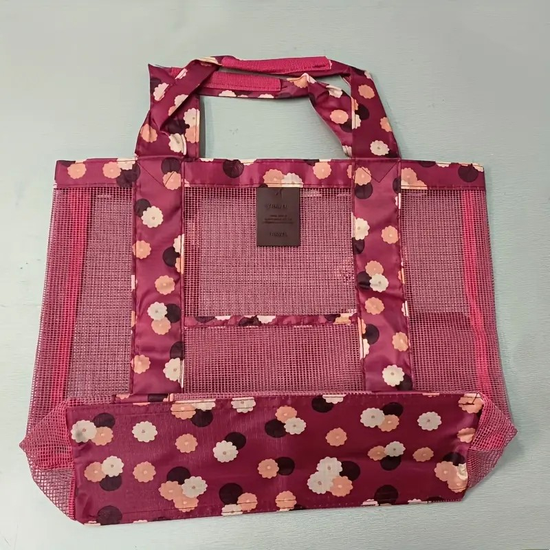 Geanta de plaja, din plasa transparenta, imprimeu floral, 43 x 10 x 33 cm, model pentru umar, lungime inferioara 33 cm, burgundy [2]