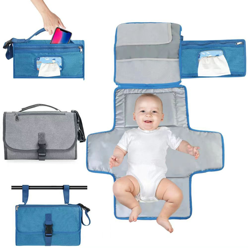 Geanta multifunctionala, tip aleza de schimbat scutece, impermeabila, din panza oxford, cu buzunare, usor de agatat, 30 x 20 cm, albastru [4]