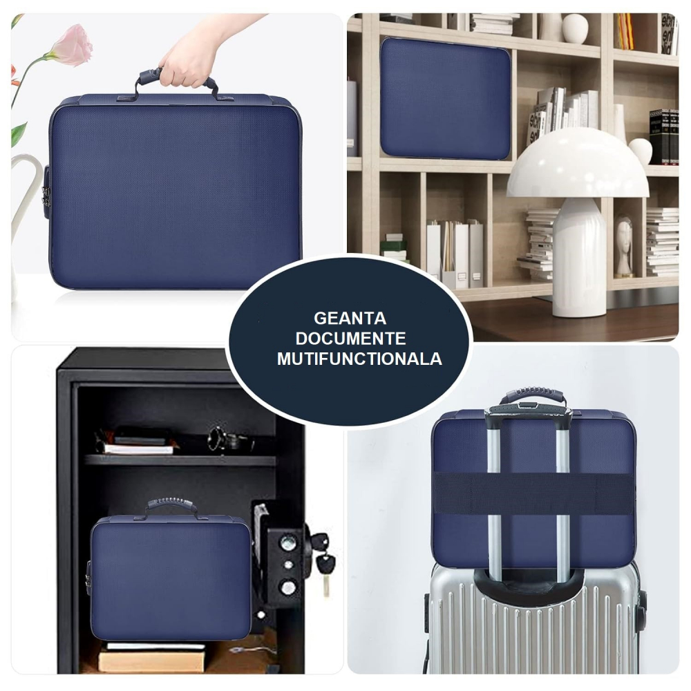 Geanta  pentru depozitare acte si documente, facturi, carduri, cu cod de securitate, 2 compartimente, impermeabila, 37 x 10.5 x 27 cm, albastru marin [4]
