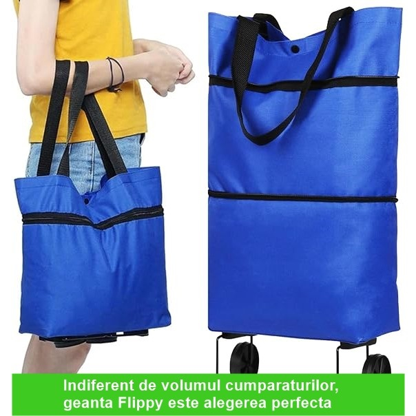 Geanta pliabila, 2 in 1, carucior cu roti, pentru cumparaturi, 19 l, albastru, plastic, 39 x 46 x 12 cm [3]