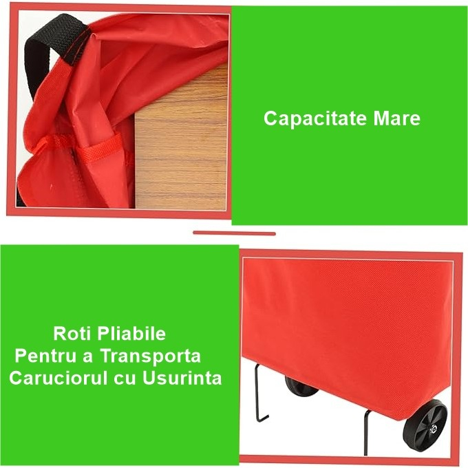 Geanta pliabila, 2 in 1, carucior cu roti, pentru cumparaturi, 19 l, rosu, plastic, 39 x 46 x 12 cm [7]