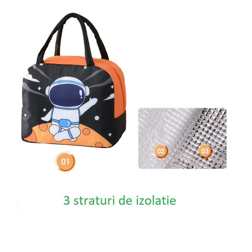Geanta termoizolanta pentru copii, 23x13x19 cm, model imprimeu astronaut, din folie de aluminiu si panza oxford, negru/portocaliu [5]