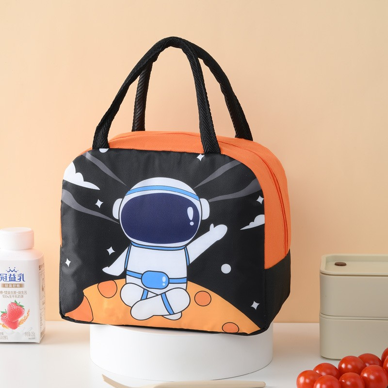 Geanta termoizolanta pentru copii, 23x13x19 cm, model imprimeu astronaut, din folie de aluminiu si panza oxford, negru/portocaliu [6]