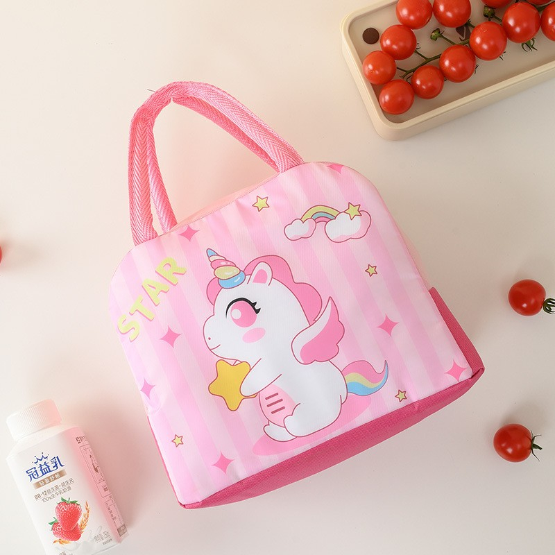 Geanta termoizolanta pentru copii, 23x13x19 cm, model imprimeu unicorn, din folie de aluminiu si panza oxford, roz [6]