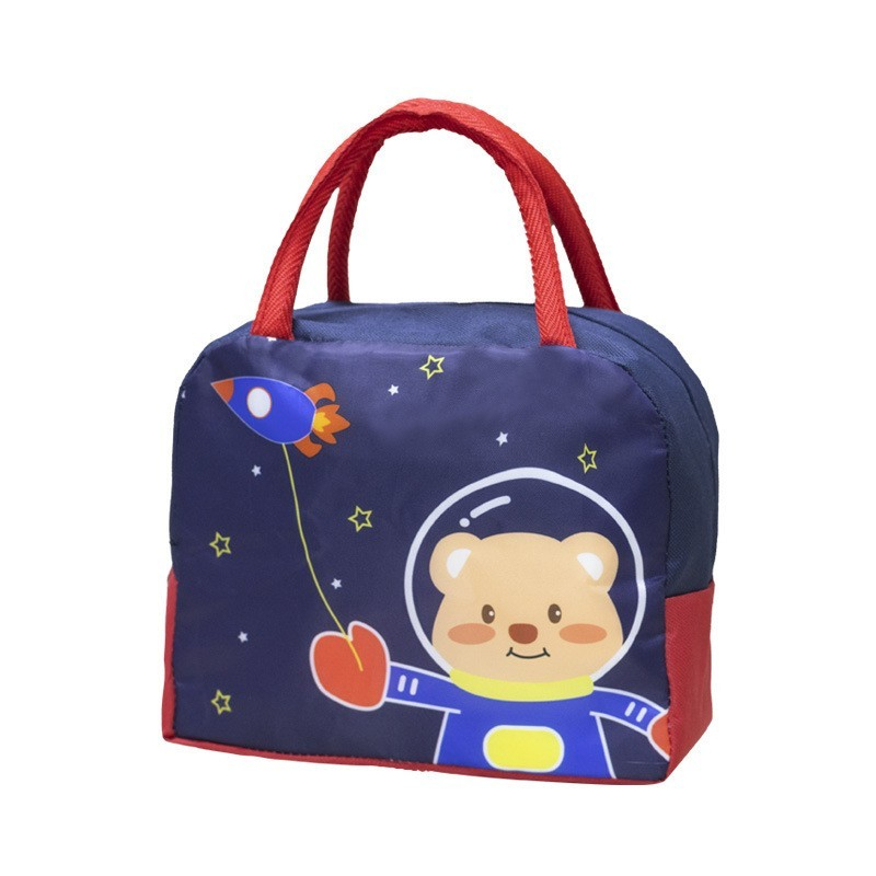 Geanta termoizolanta pentru copii, 23x13x19 cm, model imprimeu ursulet astronaut, din folie de aluminiu si panza oxford, albastru/rosu [5]