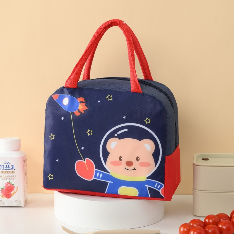 Geanta termoizolanta pentru copii, 23x13x19 cm, model imprimeu ursulet astronaut, din folie de aluminiu si panza oxford, albastru/rosu [2]