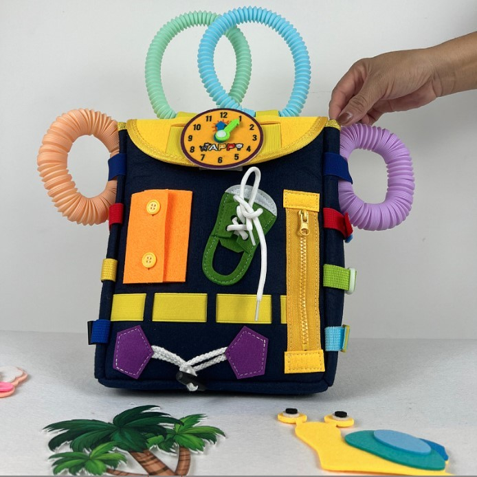 Ghiozdan montessori, pentru copii 2-6 ani, fidget pop, cu catarame si fermoare, jucarii senzoriale, activitate de invatare prin joc, albastru marin, 0.25 kg, 28x10x23 cm [5]