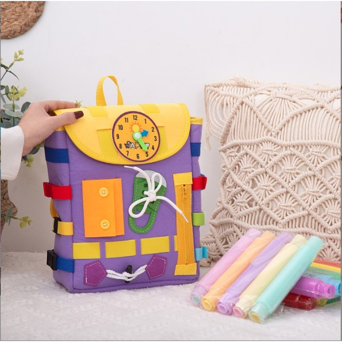 Ghiozdan montessori, pentru copii 2-6 ani, fidget pop, cu catarame si fermoare, jucarii senzoriale, activitate de invatare prin joc, mov, 0.25 kg, 28x10x23 cm [5]