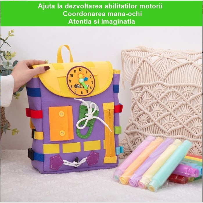 Ghiozdan montessori, pentru copii 2-6 ani, fidget pop, cu catarame si fermoare, jucarii senzoriale, activitate de invatare prin joc, mov, 0.25 kg, 28x10x23 cm [3]