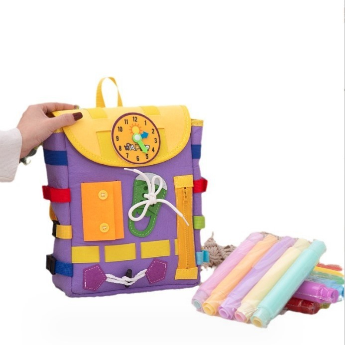Ghiozdan montessori, pentru copii 2-6 ani, fidget pop, cu catarame si fermoare, jucarii senzoriale, activitate de invatare prin joc, mov, 0.25 kg, 28x10x23 cm [4]