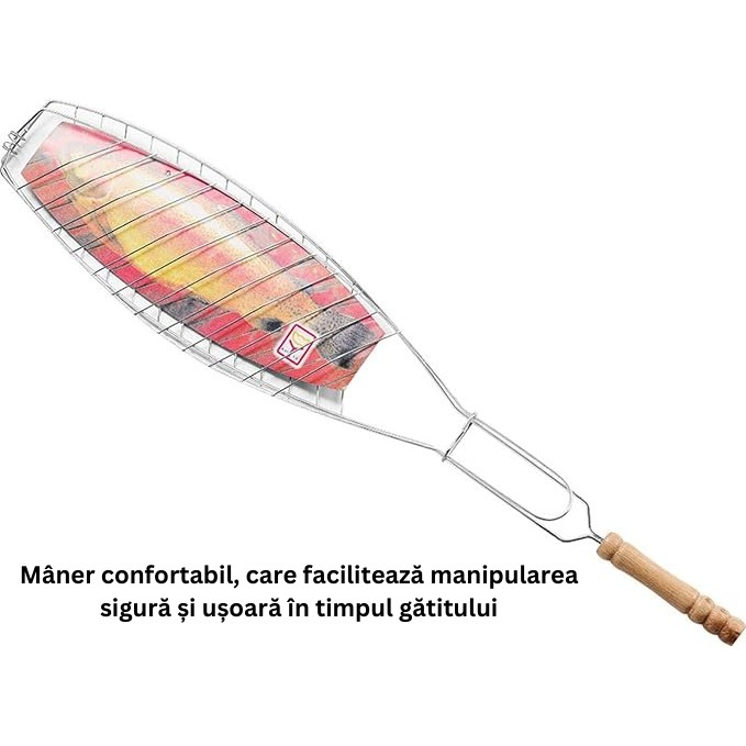 Gratar grill inox pentru peste, cu maner, de dimensiuni reduse, usor de transportat si depozitat, argintiu, 56x12 cm [5]