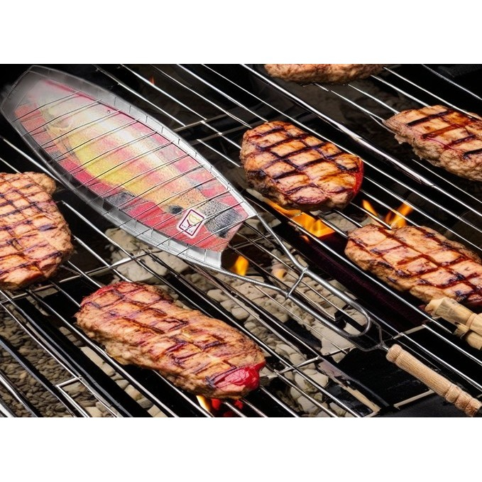 Gratar grill inox pentru peste, cu maner, de dimensiuni reduse, usor de transportat si depozitat, argintiu, 56x12 cm [6]