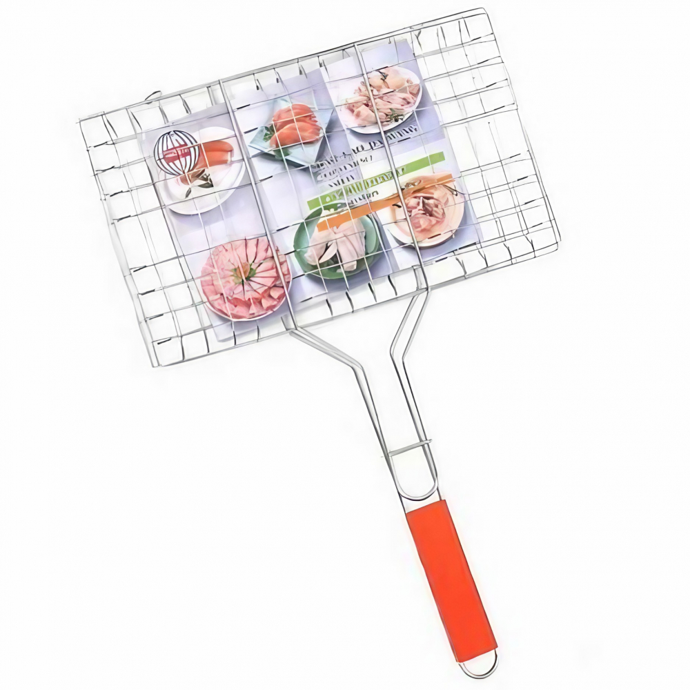 Gratar pentru peste si carne, suprafata utila 32x19 cm, otel inoxidabil, cu maner, portabil, argintiu [1]