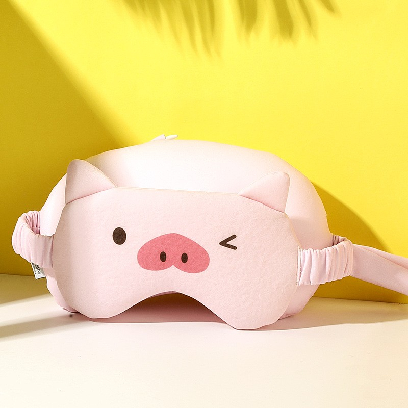 Masca de dormit, 2 in 1, cu tetiera, din particule de spuma si bumbac, model porc, roz [2]