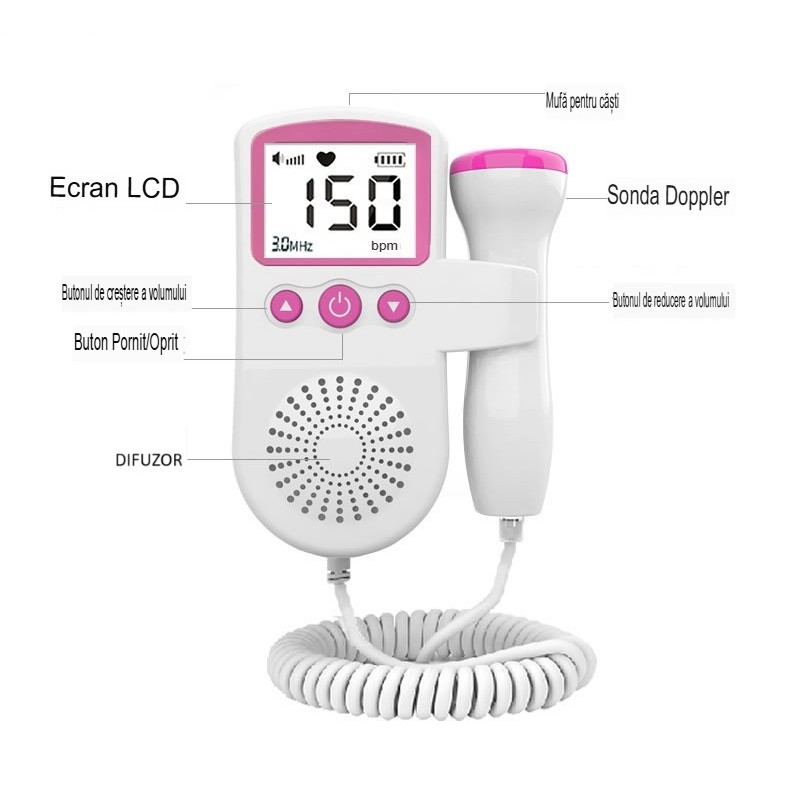 Monitor fetal doppler, monitorizare sarcina, ritm cardiac, ecran lcd 4.5 cm, 2 x baterii aa (neincluse), portabil, din abs, 12.8 x 9.6 x 3 cm, utilizare de la 9 saptamani, roz [4]