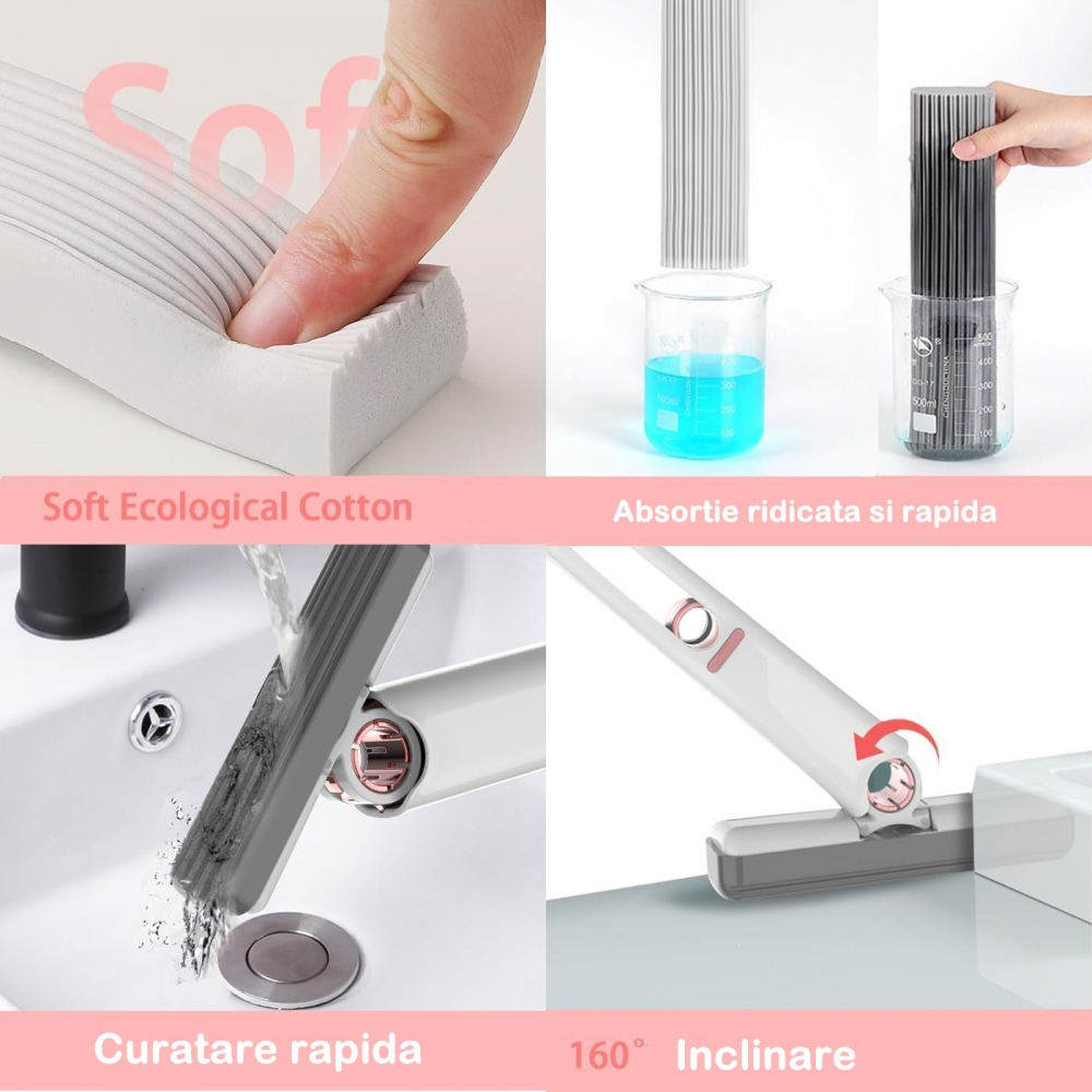 Mop de mana  mini-portabil, cu sistem de stoarcere, dispozitiv de curatat manual, cu burete absorbant, material pva, multisuprafete si geamuri, 29.5 x 15.5 cm, alb [4]