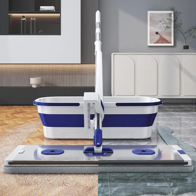 Mop plat, cu galeata pliabila, 2 rezerve din microfibra, 127 cm tija telescopica, utilizare umeda/uscata, recipient lichid, albastru [2]