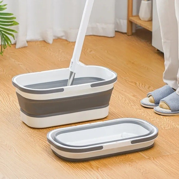 Mop plat, cu galeata pliabila, 2 rezerve din microfibra, 127 cm tija telescopica, utilizare umeda/uscata, recipient lichid, gri [4]