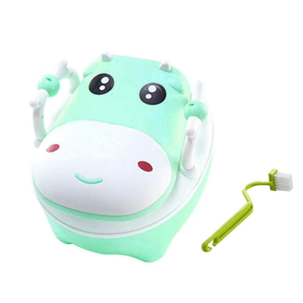 Olita pentru copii, +1an, portabila, design vacuta cu capac, model prietenos, non-toxic, cu manere, compartiment detasabil, perie inclusa, usor de curatat, verde [7]
