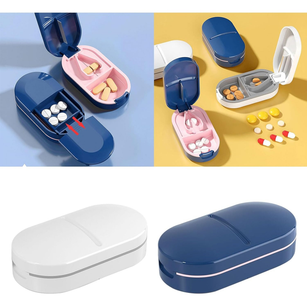 Organizator medicamente, dispozitiv taiere/sfaramare pastile, ideala pentru calatorii, portabila, perie pentru curatare, compartiment depozitare, 8.5x4.5x2.5 cm, albastru [4]