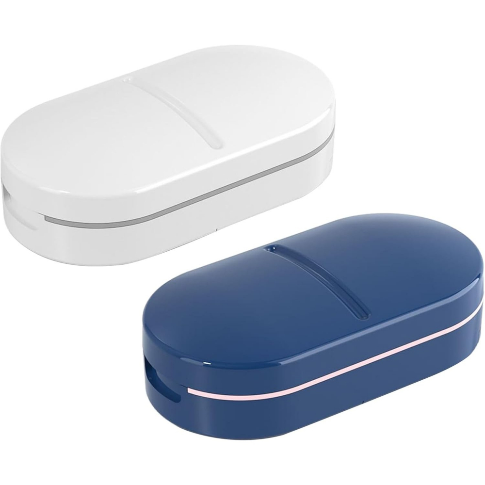Organizator medicamente, dispozitiv taiere/sfaramare pastile, ideala pentru calatorii, portabila, perie pentru curatare, compartiment depozitare, 8.5x4.5x2.5 cm, albastru [5]