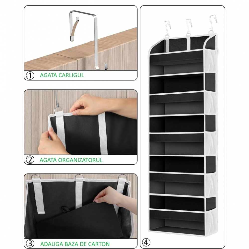 Organizator suspendat pentru usi, din nailon si plasa, baza de carton ingrosat, 5 buzunare principale + 10 buzunare laterale, 140 x 39 x 17 cm, 3 carlige incluse, negru [2]