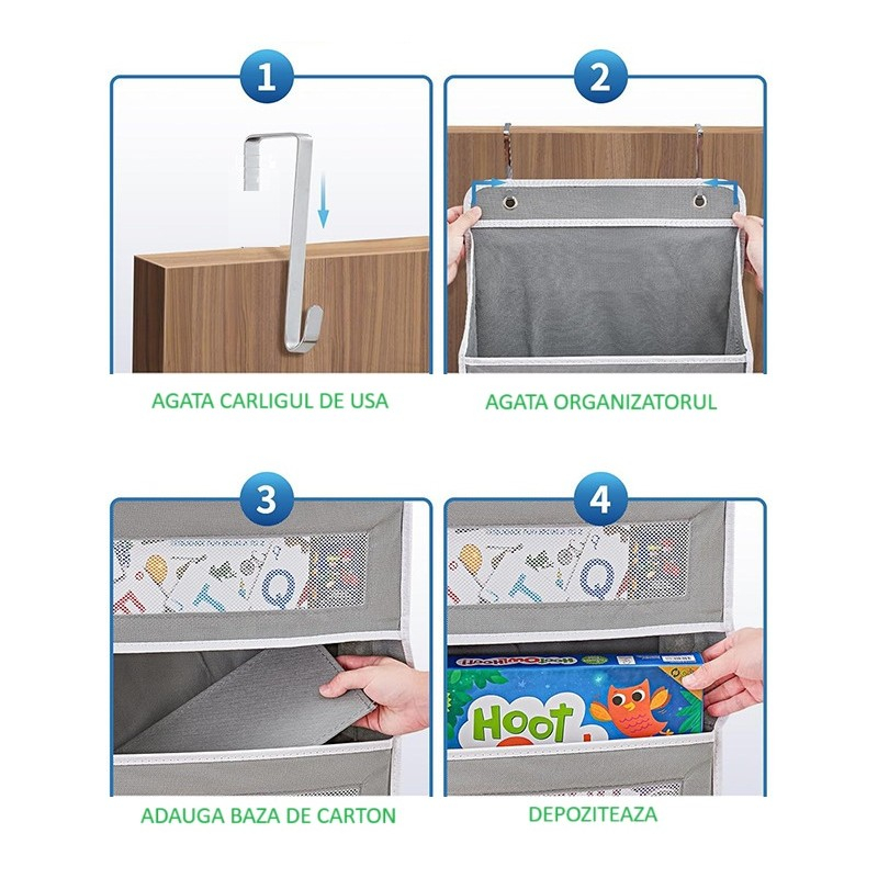 Organizator suspendat pentru usi, din nailon si plasa, baza de carton ingrosat, 5 buzunare principale + 5 buzunare laterale, 146 x 40 x 17 cm, 2 carlige incluse, gri [4]