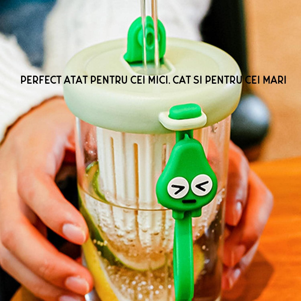 Pahar din silicon, cu capac si pai, pentru copii, anti-cadere, compartiment pentru fructe/ceai/gheata, rezistent la temperaturi inalte, 500ml, verde, 14.5x8.8x20 cm [3]