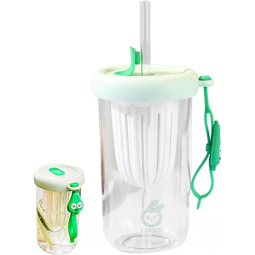 Pahar din silicon, cu capac si pai, pentru copii, anti-cadere, compartiment pentru fructe/ceai/gheata, rezistent la temperaturi inalte, 500ml, verde, 14.5x8.8x20 cm [4]