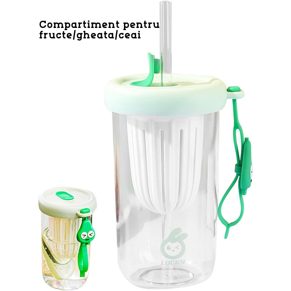 Pahar din silicon, cu capac si pai, pentru copii, anti-cadere, compartiment pentru fructe/ceai/gheata, rezistent la temperaturi inalte, 500ml, verde, 14.5x8.8x20 cm [2]
