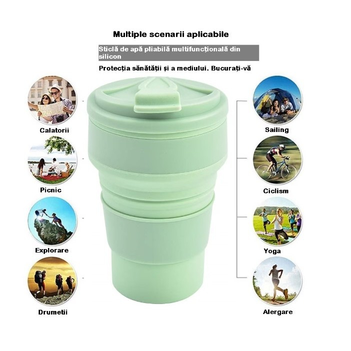 Pahar pliabil din silicon  pentru calatorii, camping, 350 ml,  8.2x6.3x9.1 cm, verde [5]