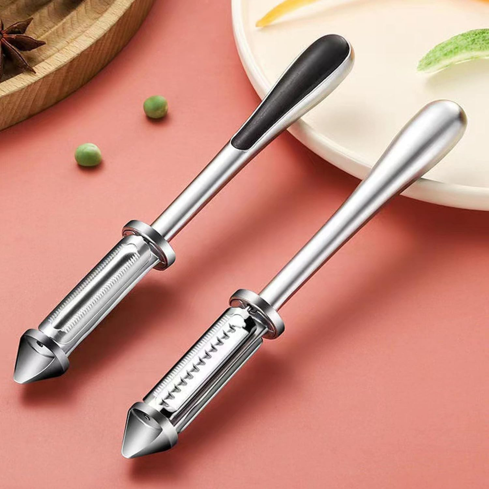 Peeler 2in1 pentru legume si fructe, multifunctional, cu 2 lame de curatati si feliat, varf ascutit pentru gaurit, 18 cm, din otel inoxidabil, argintiu/negru [7]
