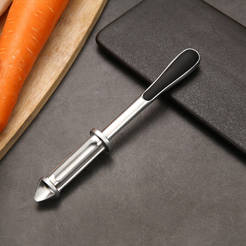 Peeler 2in1 pentru legume si fructe, multifunctional, cu 2 lame de curatati si feliat, varf ascutit pentru gaurit, 18 cm, din otel inoxidabil, argintiu/negru [9]