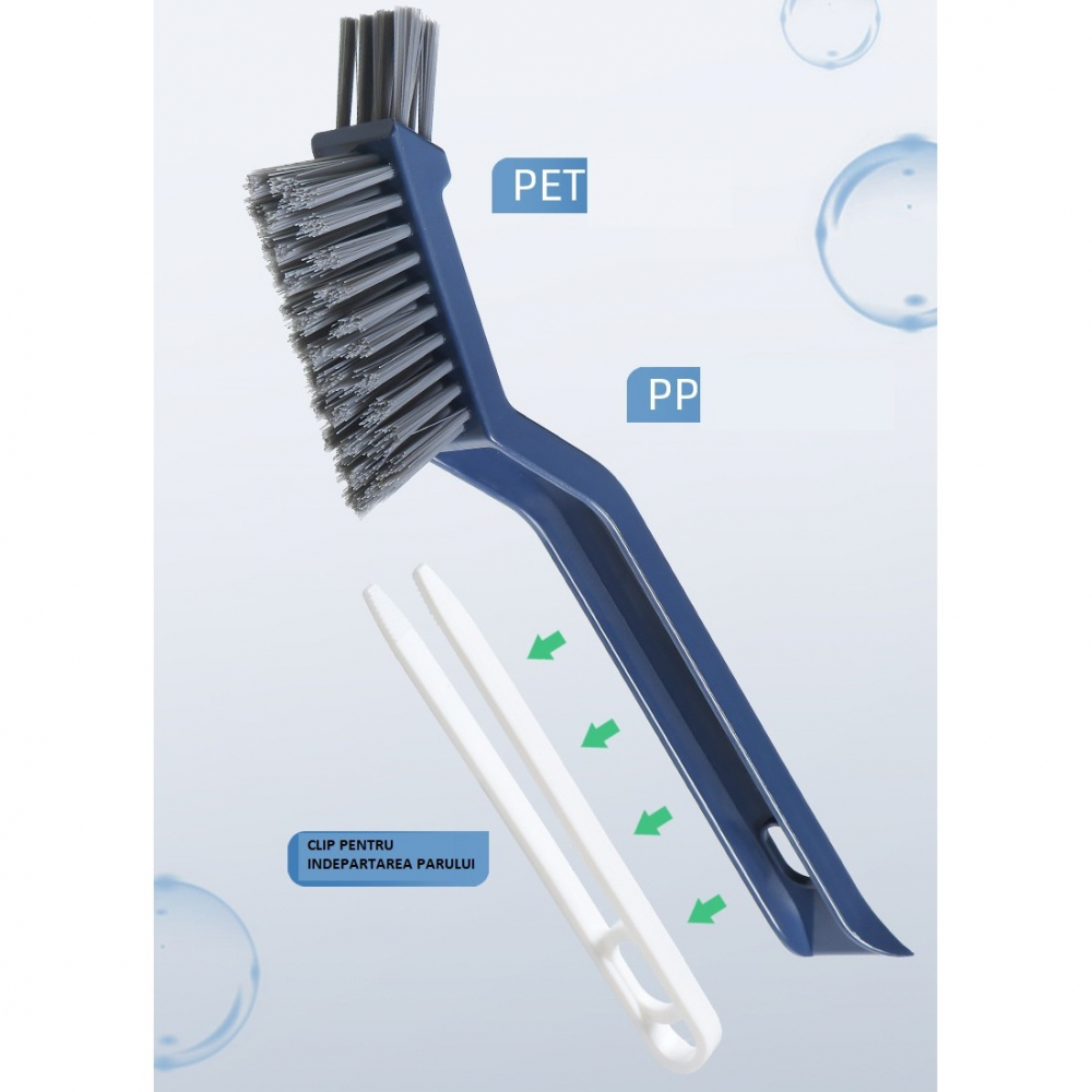 Perie 3in1 de curatat podele si rosturi, lungime maner 28 cm, peri din pp, otel si plastic, cleste pentru scame si par inclus, albastru [3]